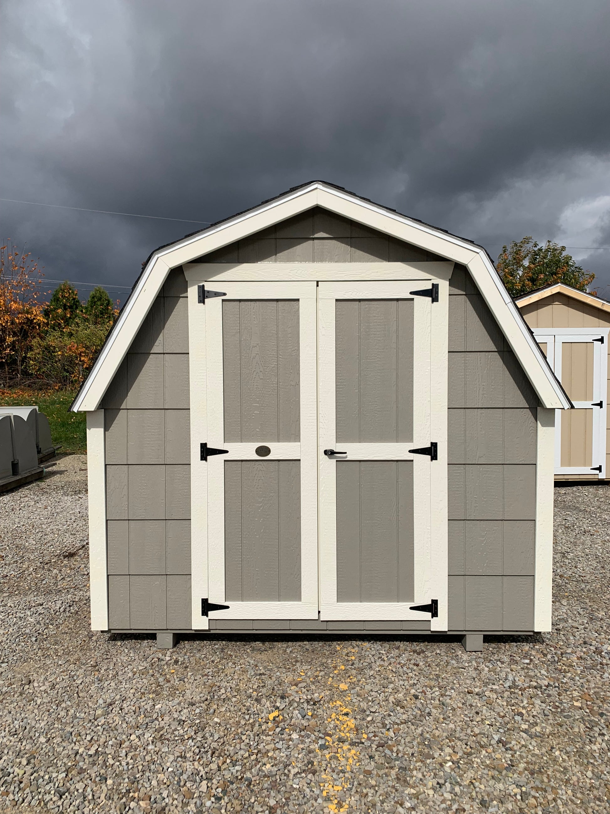 8x10 Special Buy Gambrel 4' Sidewalls Barn with 18" Lap Siding - PAINTED - FRONT